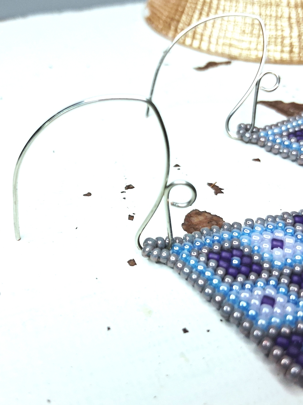 Handmade Geometric Beaded Fringe Earrings, Purple & Blue, 4.5" - Picture 6 of 7